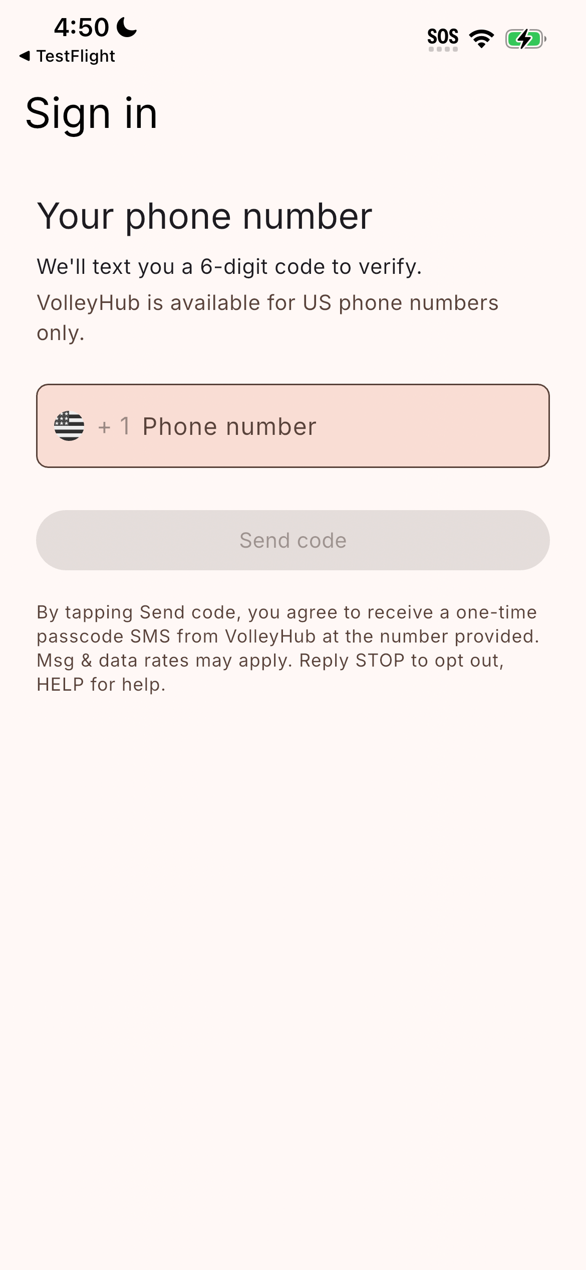 VolleyHub sign-in screen showing the phone number field, the Send code button, and the SMS consent disclosure text directly below it.